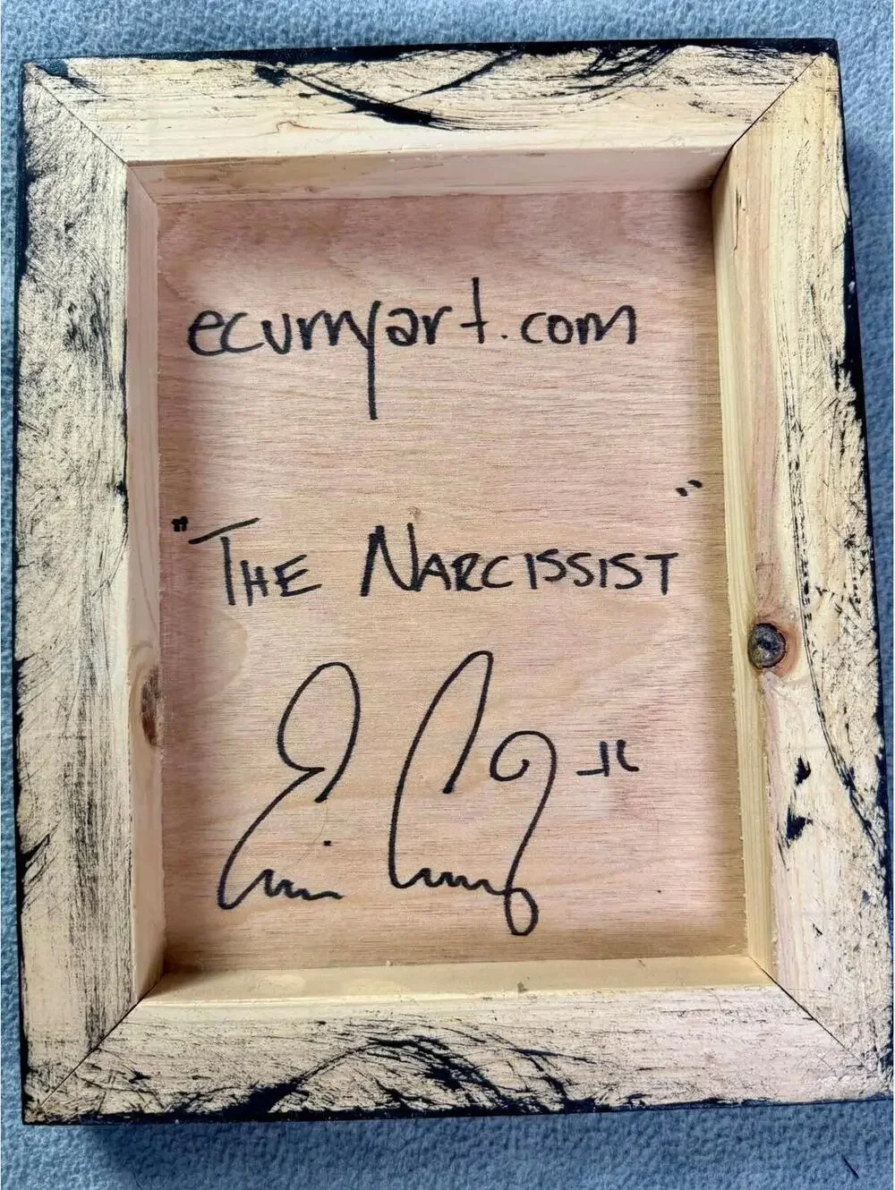 ecurry art the narcissist cat skeleton collage wood panel signed mixed‎ media